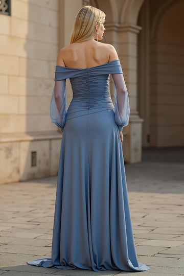 A Line Off the Shoulder Long Chiffon Dusty Blue Mother of the Bride Dress